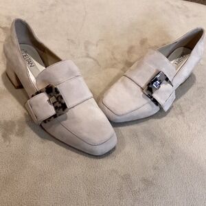 Deltan "Veronica" Beige Genuine Suede Buckle‎ Loafers, Size US 8, UK 6, EU 39